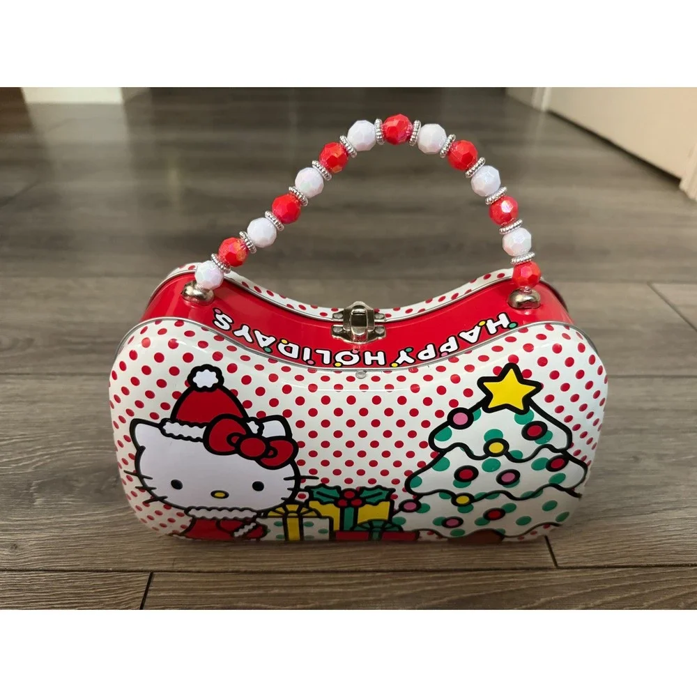 Sanrio Hello Kitty Christmas Tin Purse Beaded Handle Holiday Polka Dot Bag 2023